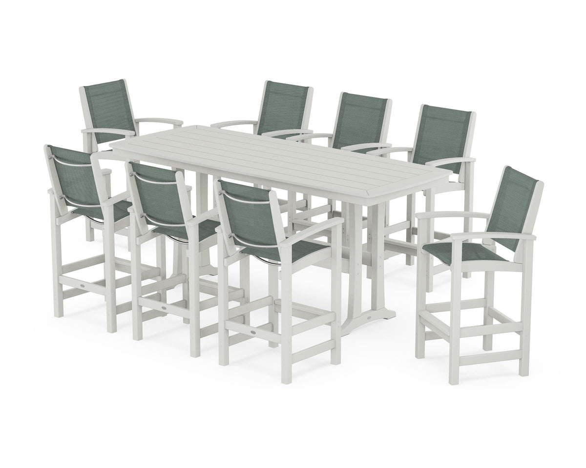 POLYWOOD Coastal 9-Piece Bar Set with Trestle Legs in Vintage White / Dupioni Sea Mist