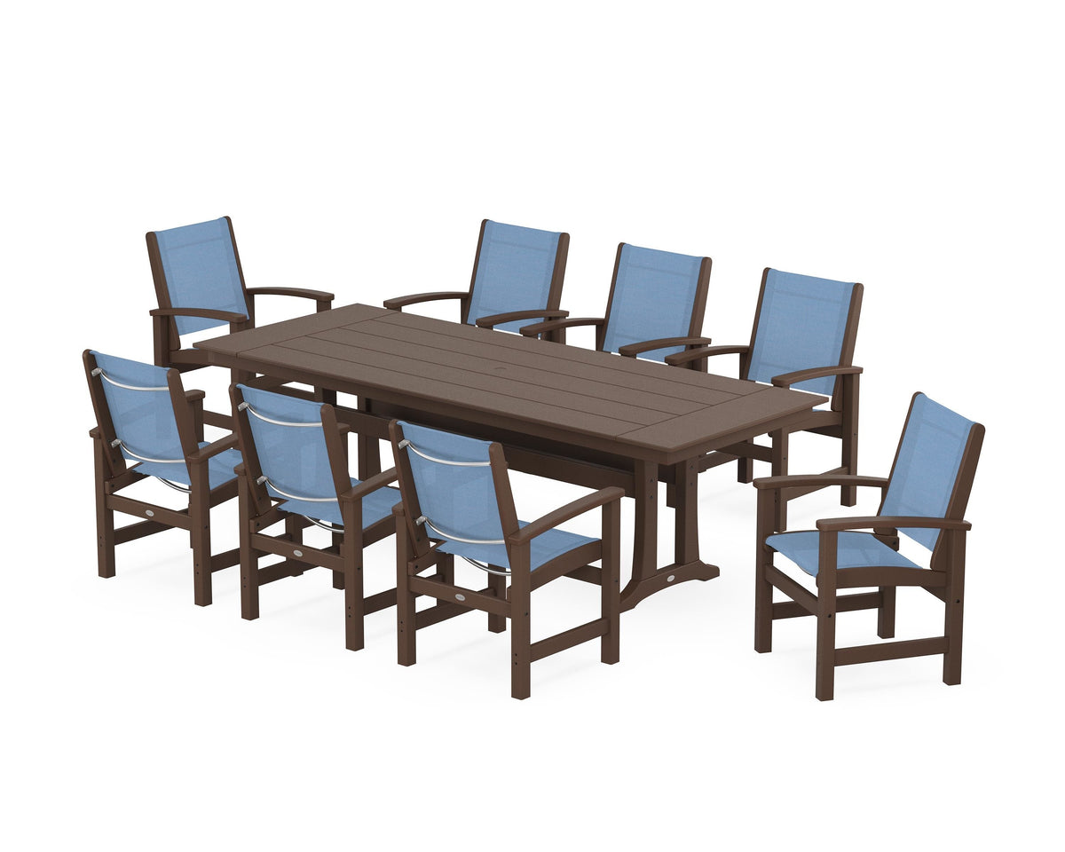 POLYWOOD Coastal 9-Piece Farmhouse Dining Set with Trestle Legs in Mahogany / Poolside