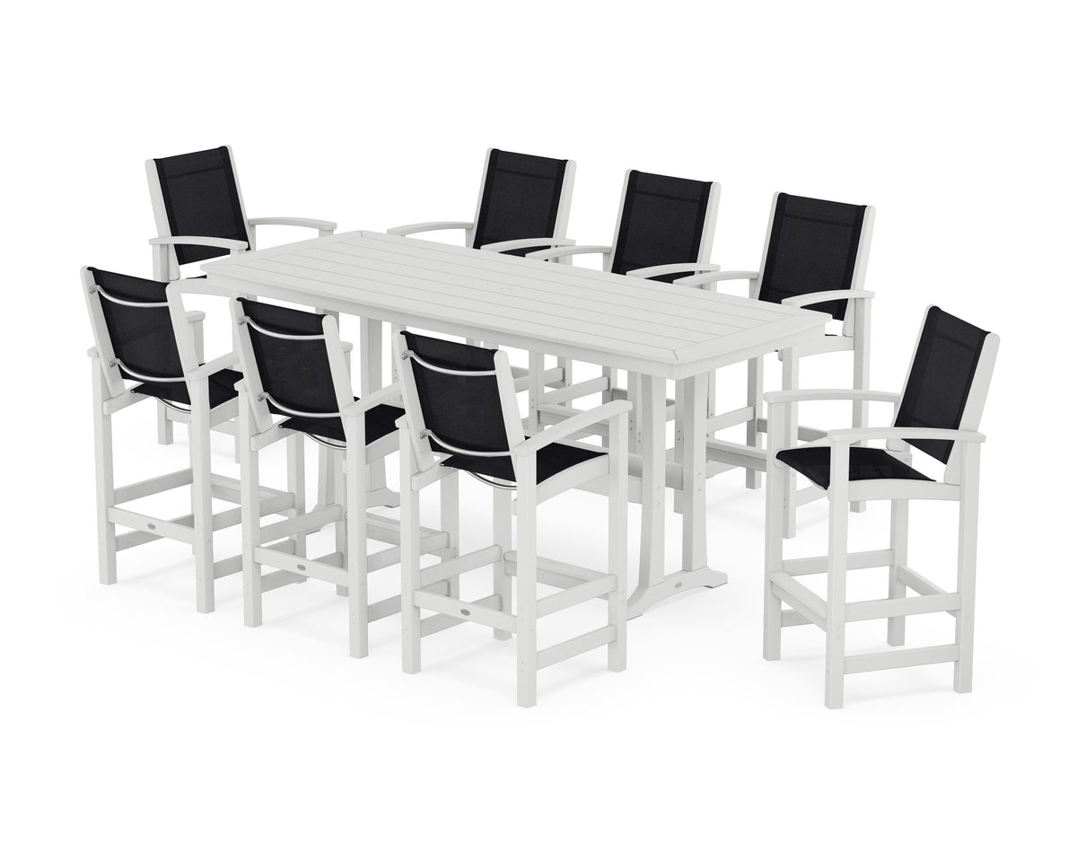 POLYWOOD Coastal 9-Piece Bar Set with Trestle Legs in White / Black