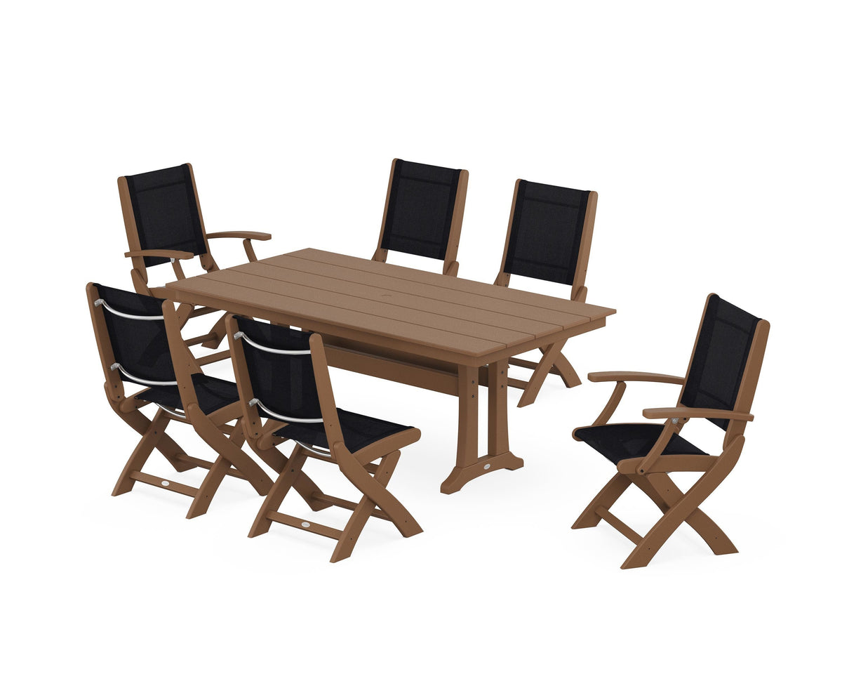 POLYWOOD Coastal Folding Chair 7-Piece Farmhouse Dining Set with Trestle Legs in Teak / Black