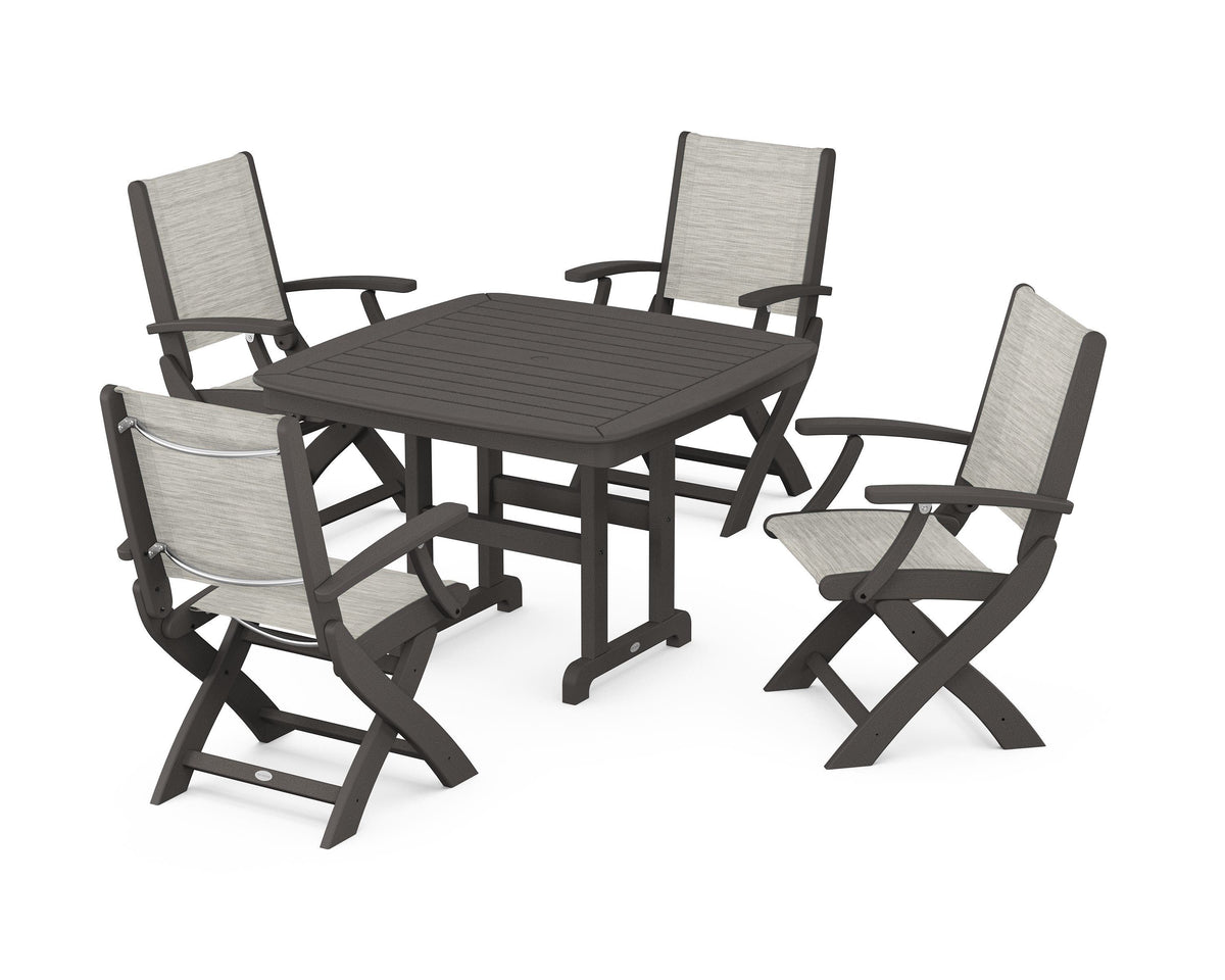POLYWOOD Coastal Folding Chair 5-Piece Dining Set with Nautical 44" Dining Table in Vintage Coffee / Birch