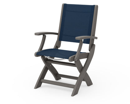 POLYWOOD Coastal Folding Chair in Driftwood with Driftwood arms and Navy Blue sling
