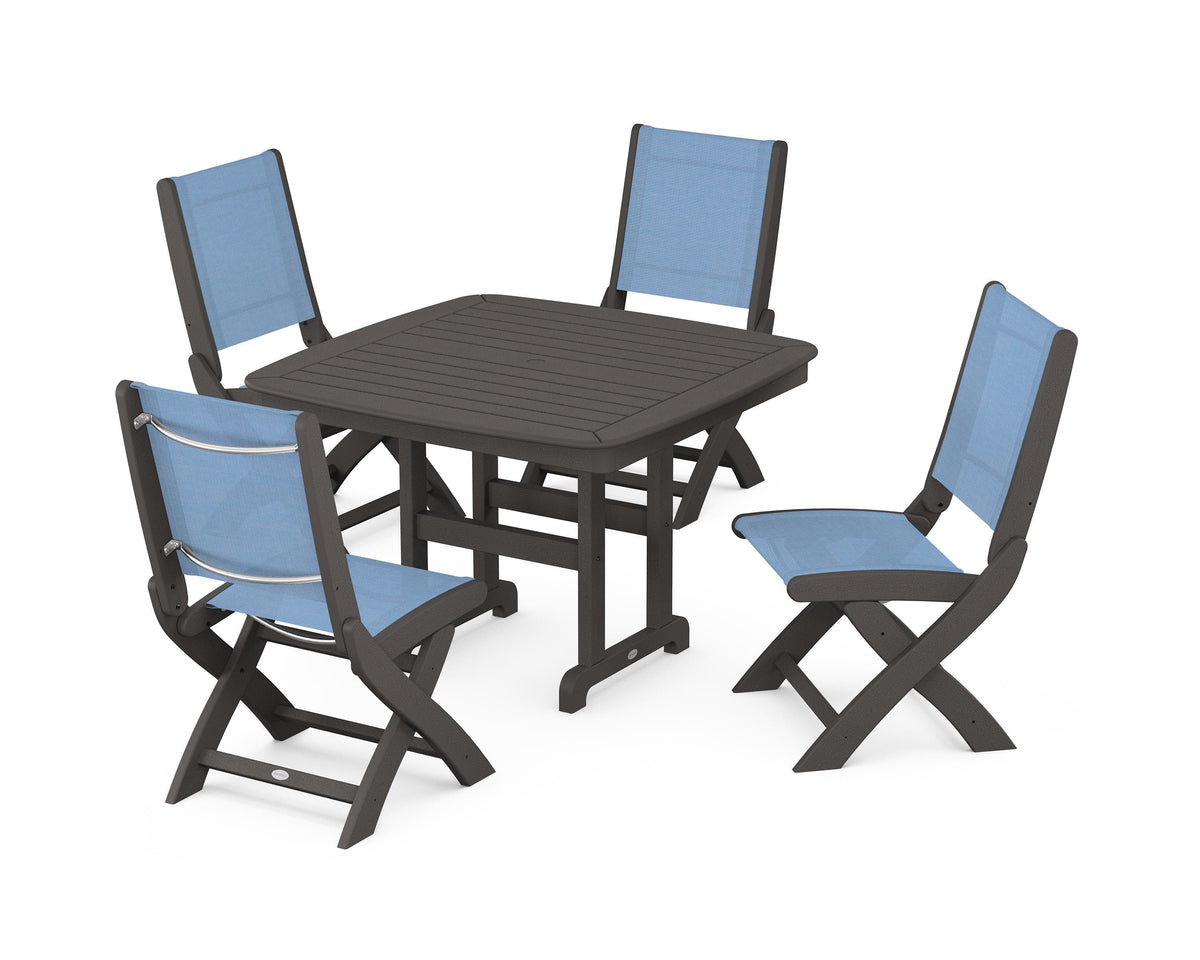 POLYWOOD Coastal Folding Side Chair 5-Piece Dining Set with Nautical 44" Dining Table in Vintage Coffee / Poolside