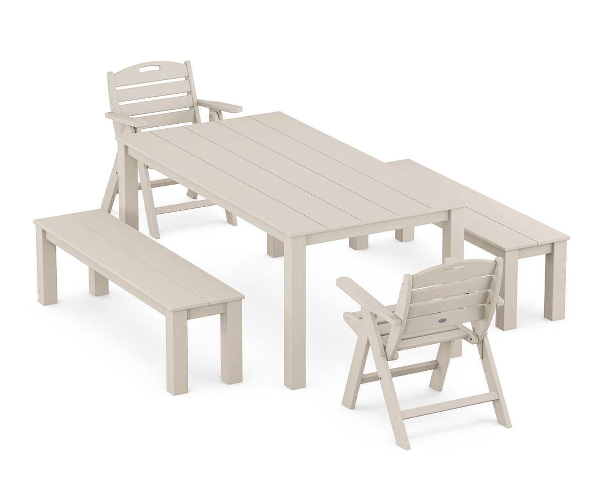 POLYWOOD Nautical Folding Lowback Chair 5-Piece Parsons Dining Set with Benches in Sand