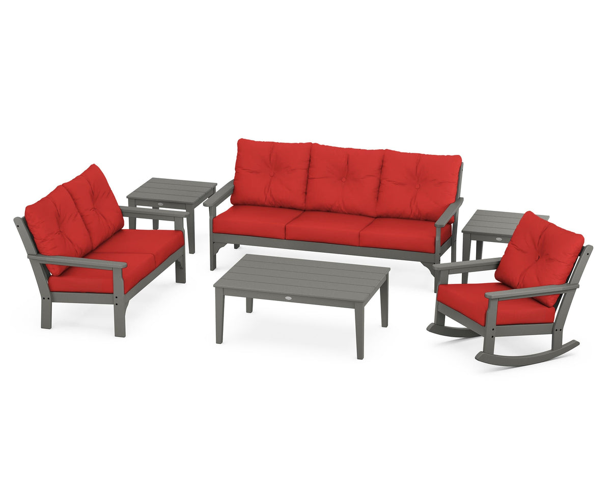 POLYWOOD Vineyard 6-Piece Deep Seating Set with Rocking Chair in Slate Grey / Crimson Linen
