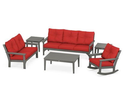 POLYWOOD Vineyard 6-Piece Deep Seating Set with Rocking Chair in Slate Grey / Crimson Linen