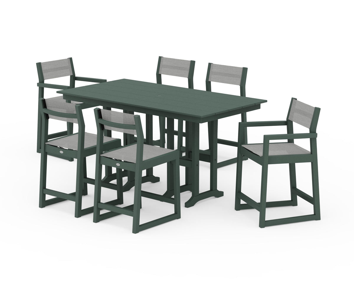 POLYWOOD EDGE Sling 7-Piece Farmhouse Counter Set with Trestle Legs in Green / Metallic