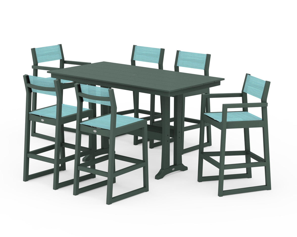 POLYWOOD EDGE Sling 7-Piece Farmhouse Bar Set with Trestle Legs in Green / Dupioni Aquamarine