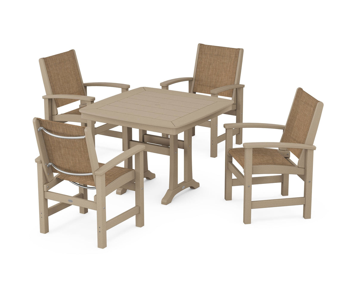 POLYWOOD Coastal 5-Piece Dining Set with Trestle Legs with Nautical Trestle 37" Dining Table in Vintage Sahara / Burlap