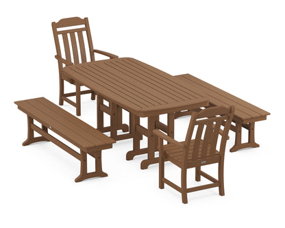 POLYWOOD Cottage 5-Piece Dining Set with Benches in Teak