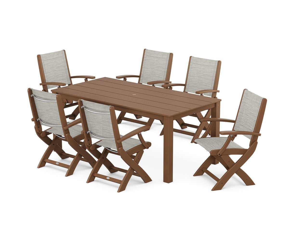POLYWOOD Coastal Folding Chair 7-Piece Parsons Dining Set in Teak / Birch