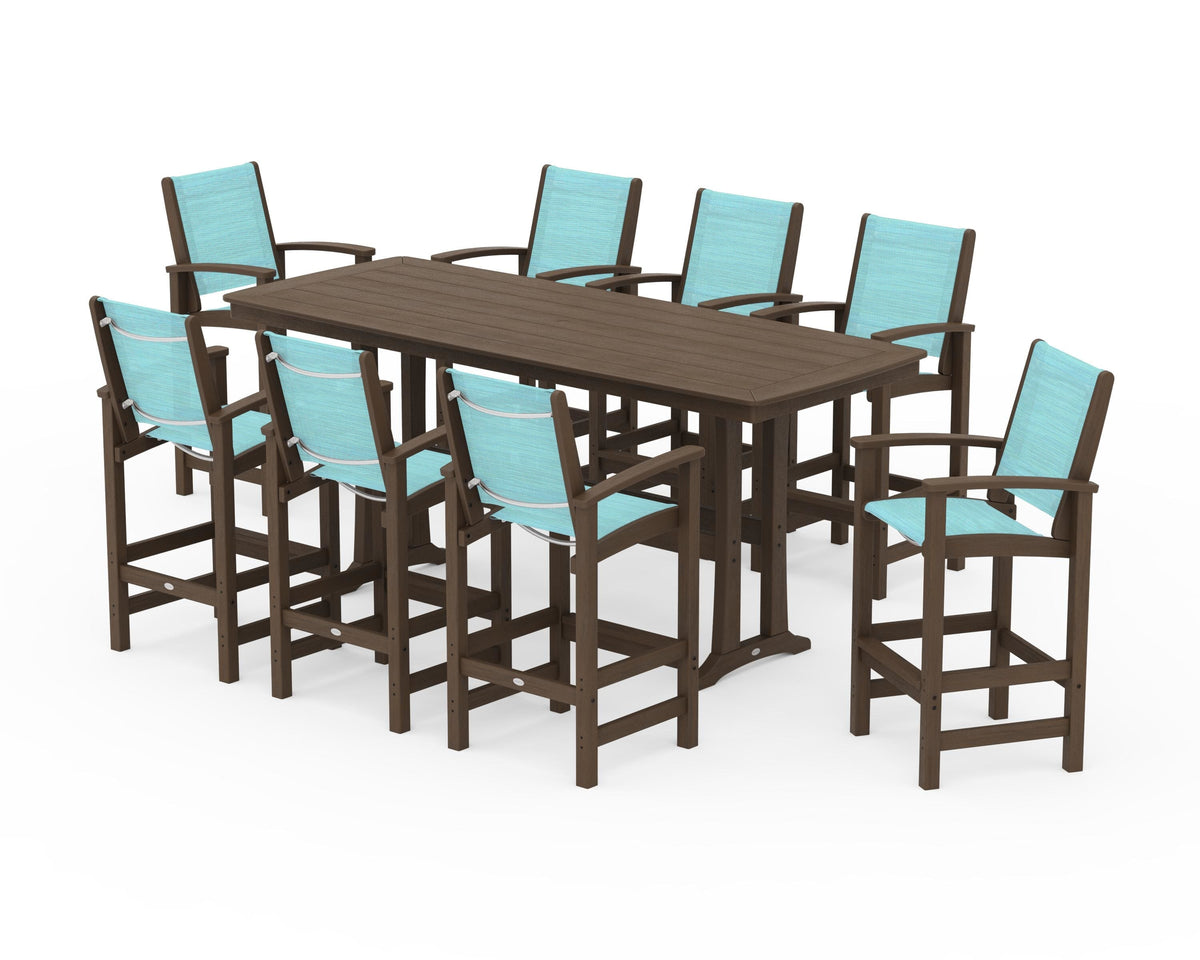 POLYWOOD Coastal 9-Piece Bar Set with Trestle Legs in Kona / Dupioni Aquamarine