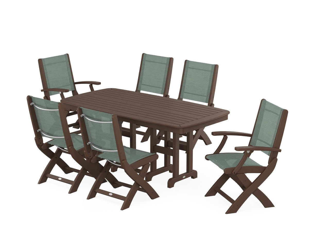 POLYWOOD Coastal Folding Chair 7-Piece Dining Set in Mahogany / Dupioni Sea Mist