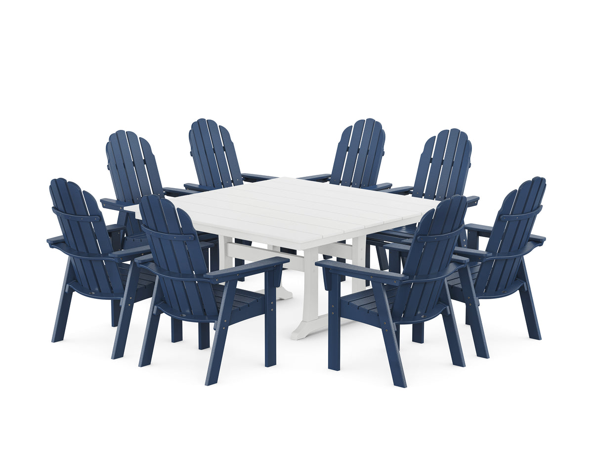 POLYWOOD Vineyard Curveback Adirondack 9-Piece Square Farmhouse Dining Set with Trestle Legs in Navy / White