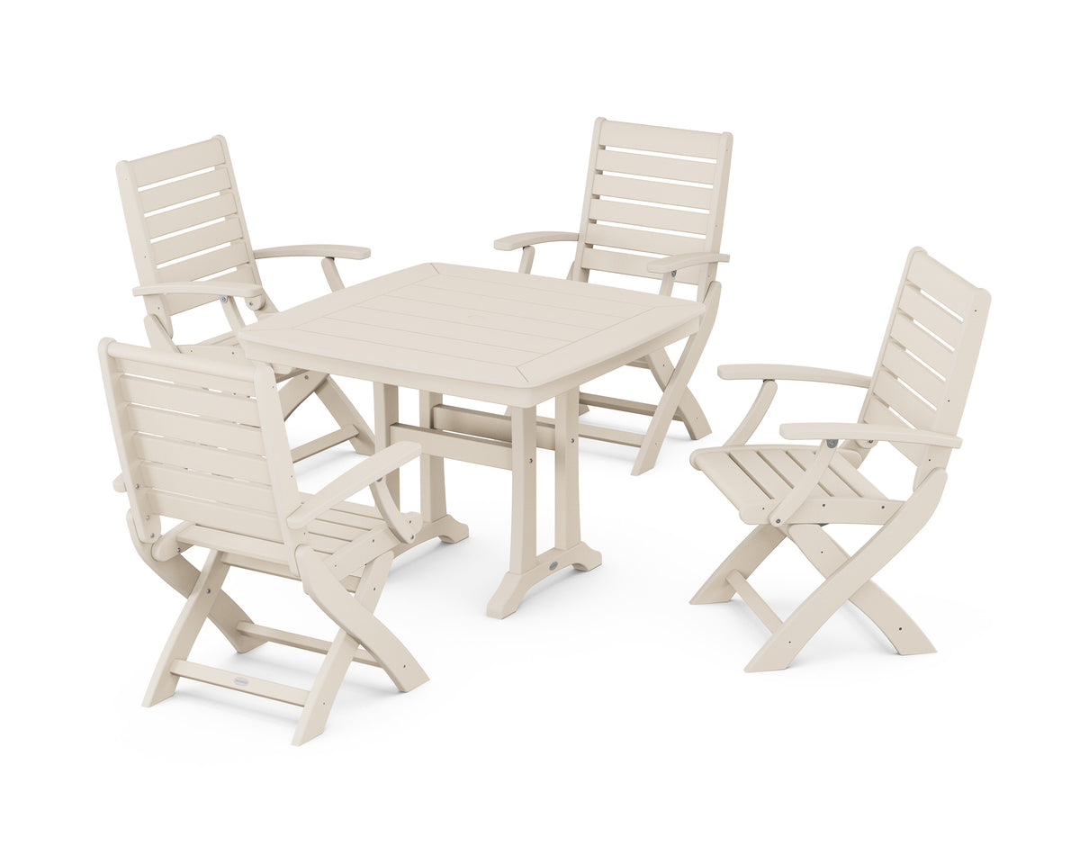 POLYWOOD Signature Folding Chair 5-Piece Dining Set with Trestle Legs - 37" Table in Sand