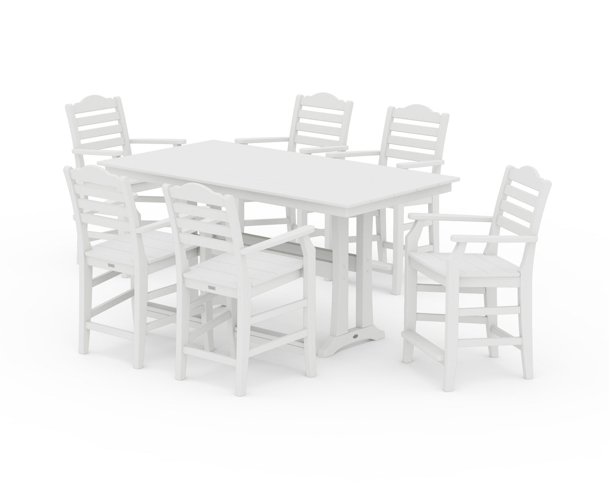 POLYWOOD Savannah Arm Chair 7-Piece Farmhouse Counter Set with Trestle Legs in White