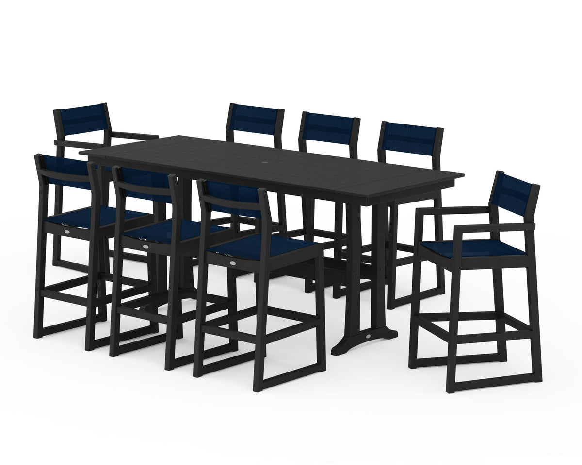 POLYWOOD EDGE Sling 9-Piece Farmhouse Bar Set with Trestle Legs in Black / Navy Blue