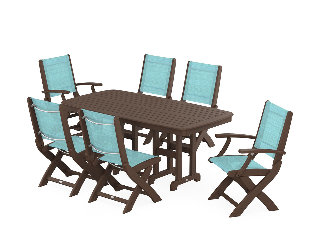 POLYWOOD Coastal Folding Chair 7-Piece Dining Set in Mahogany / Dupioni Aquamarine