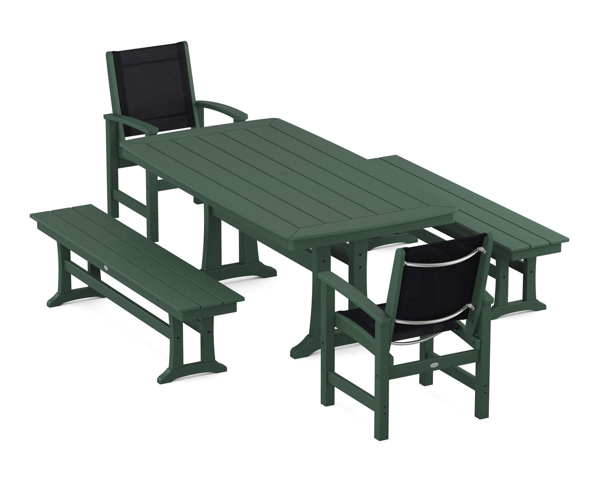 POLYWOOD Coastal 5-Piece Dining Set with Trestle Legs and Benches in Green / Black