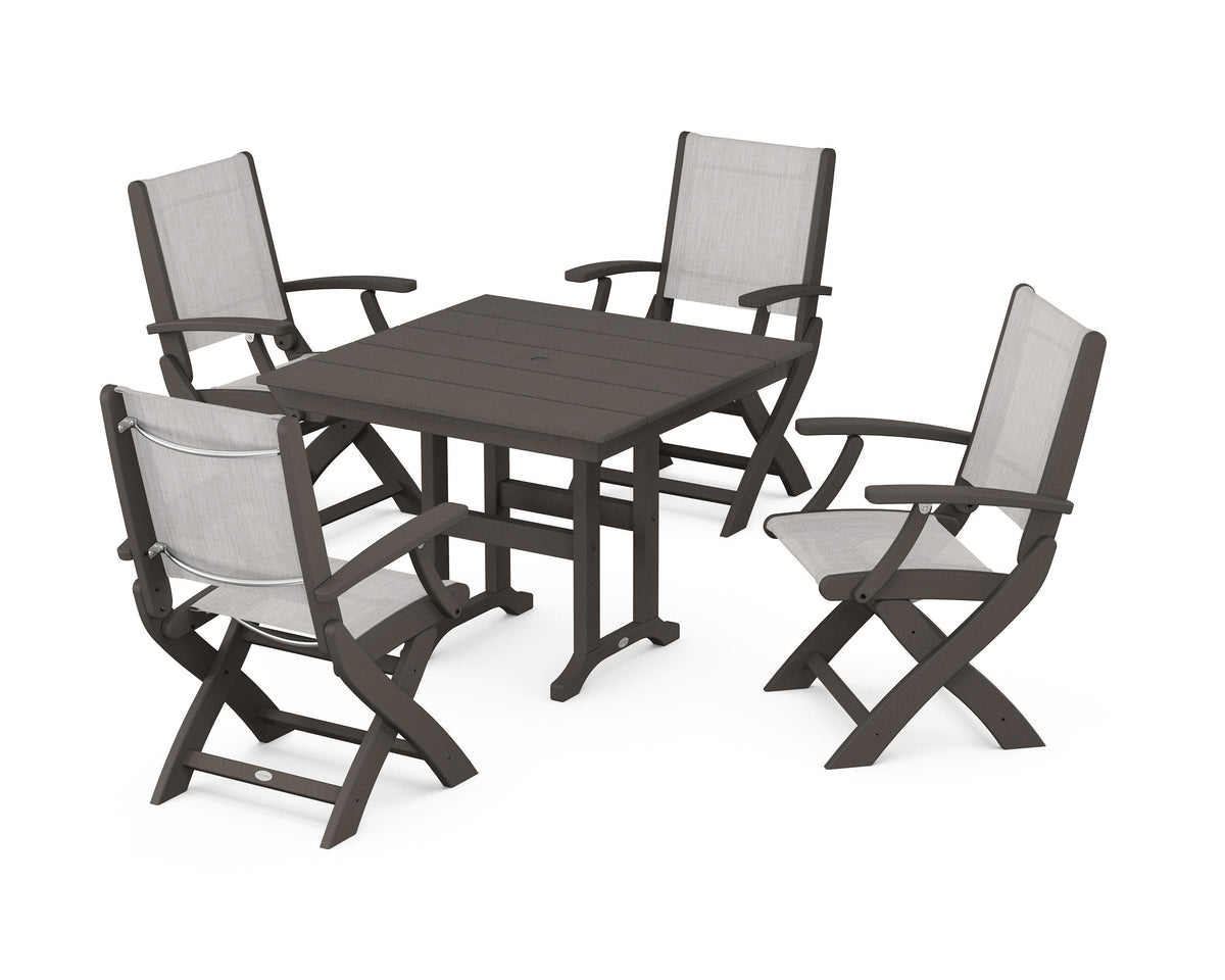 POLYWOOD Coastal Folding Chair 5-Piece Farmhouse Dining Set in Vintage Coffee / Parchment