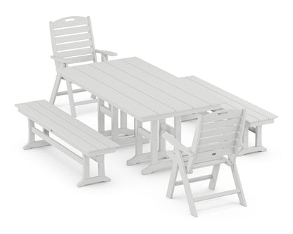 POLYWOOD Nautical Highback 5-Piece Farmhouse Dining Set with Benches in White