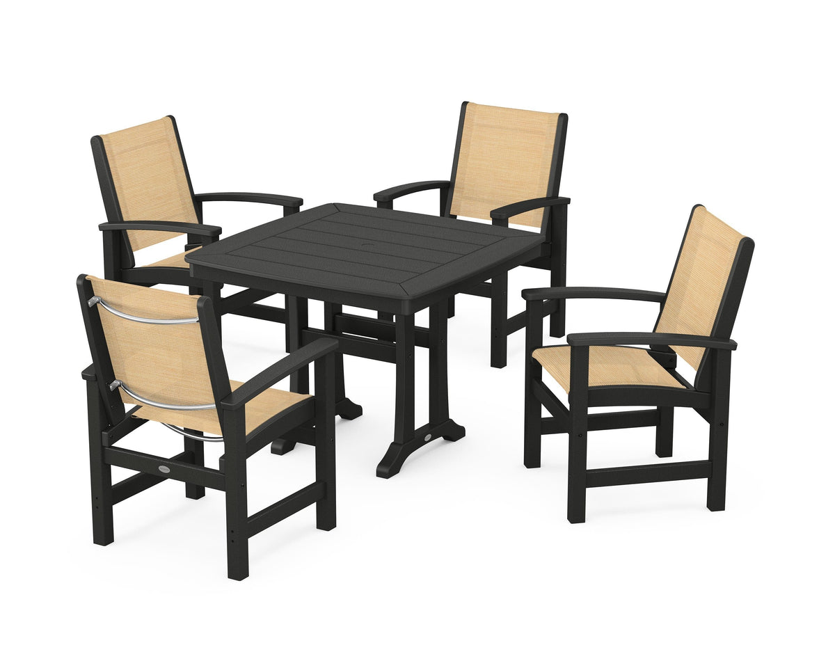 POLYWOOD Coastal 5-Piece Dining Set with Trestle Legs with Nautical Trestle 37" Dining Table in Black / Dupioni Apricot