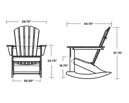 POLYWOOD Palm Coast Adirondack Rocking Chair dimension drawing with width, depth and height measurements