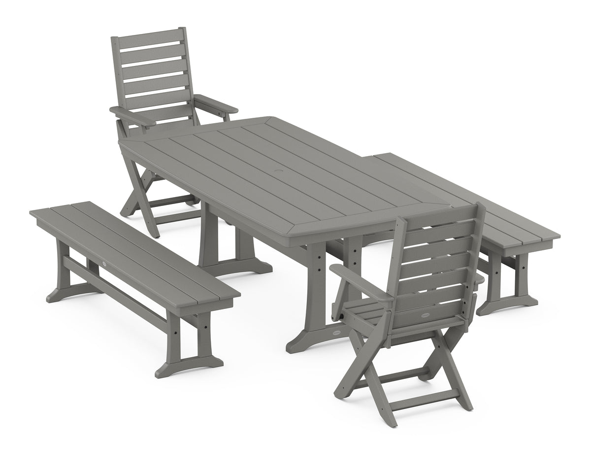 POLYWOOD Captain Folding Chair 5-Piece Dining Set with Trestle Legs - 38" x 73" Table in Slate Grey