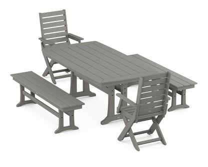 POLYWOOD Captain Folding Chair 5-Piece Dining Set with Trestle Legs - 38" x 73" Table in Slate Grey