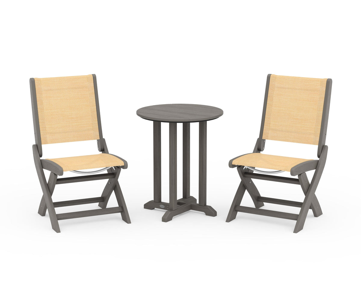 POLYWOOD Coastal Folding Side Chair 3-Piece Round Bistro Dining Set in Driftwood / Dupioni Apricot