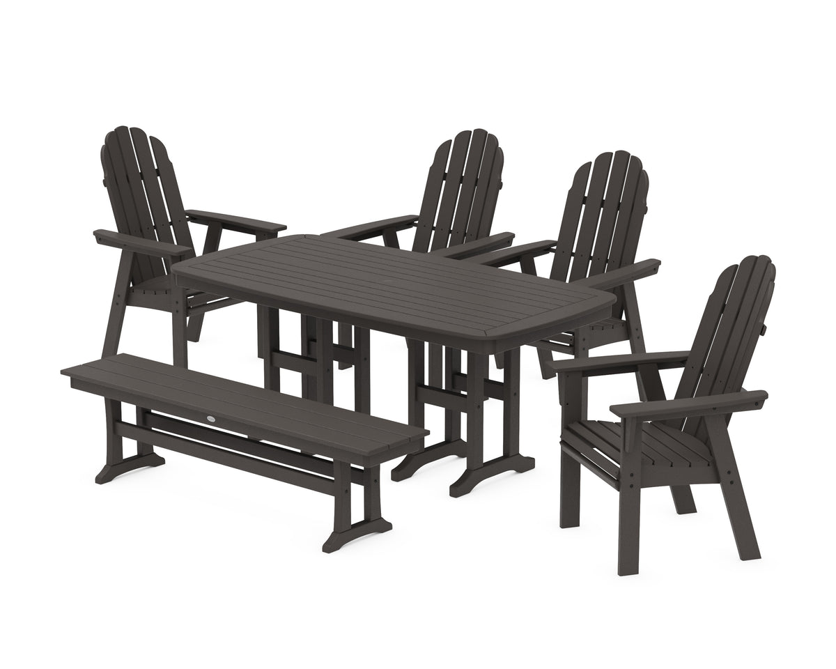 POLYWOOD Vineyard Curveback Adirondack Chair 6-Piece Dining Set with Bench in Vintage Coffee