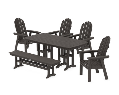 POLYWOOD Vineyard Curveback Adirondack Chair 6-Piece Dining Set with Bench in Vintage Coffee