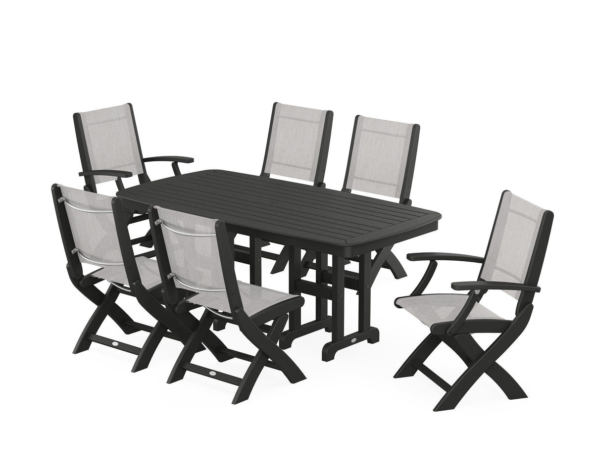 POLYWOOD Coastal Folding Chair 7-Piece Dining Set in Black / Parchment