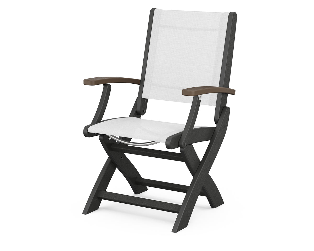 POLYWOOD Coastal Folding Chair in Black with Kona arms and White sling