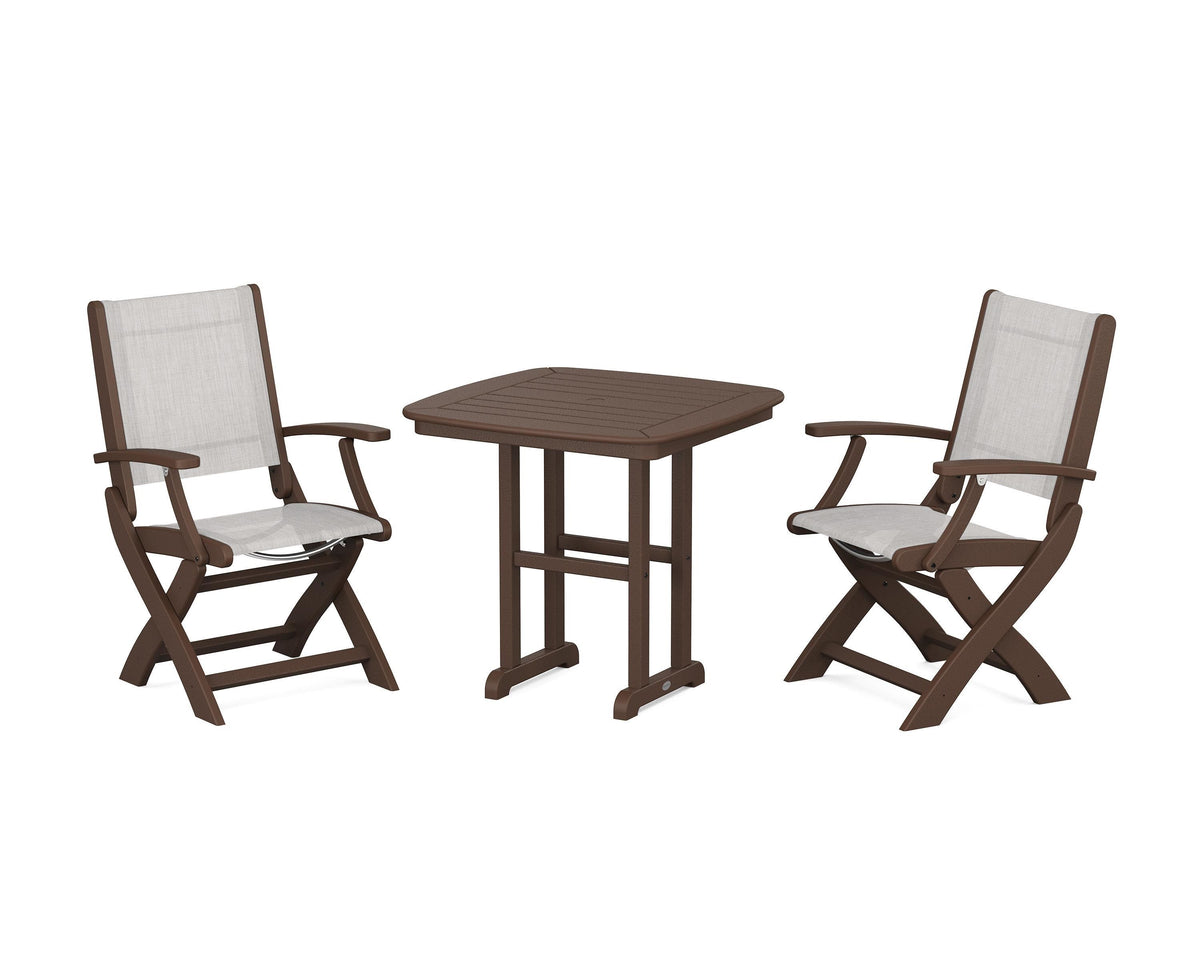 POLYWOOD Coastal Folding Chair 3-Piece Dining Set in Mahogany / Parchment
