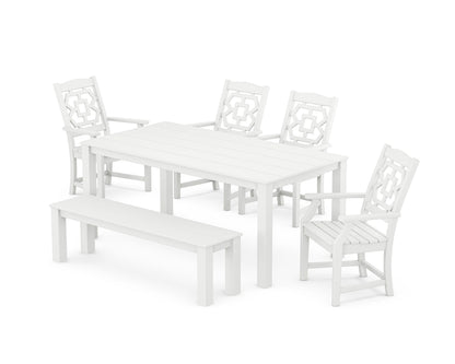 POLYWOOD Chinoiserie 6-Piece Parsons Dining Set with Bench in White
