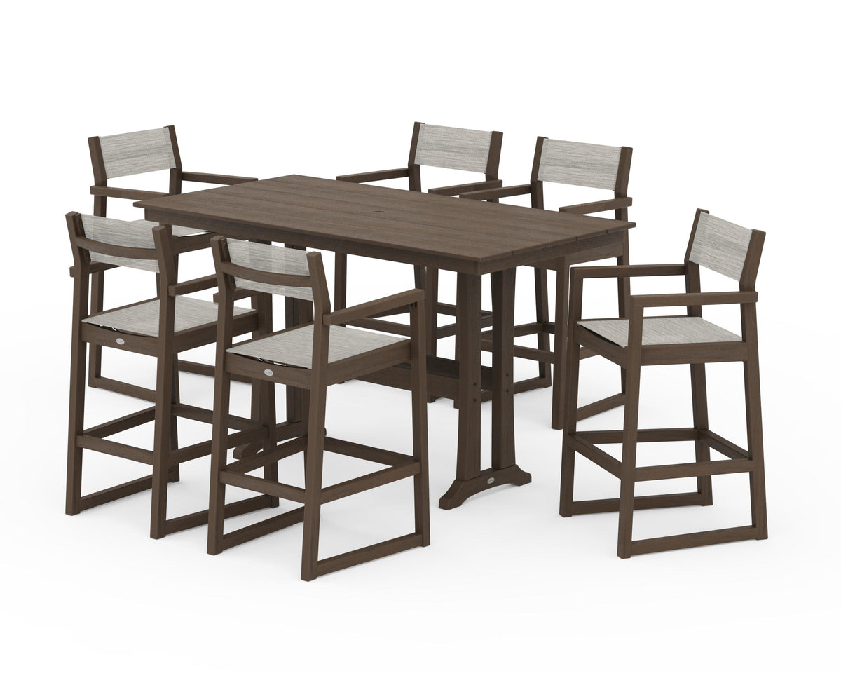 POLYWOOD EDGE Sling Arm Chair 7-Piece Farmhouse Bar Set with Trestle Legs in Kona / Birch