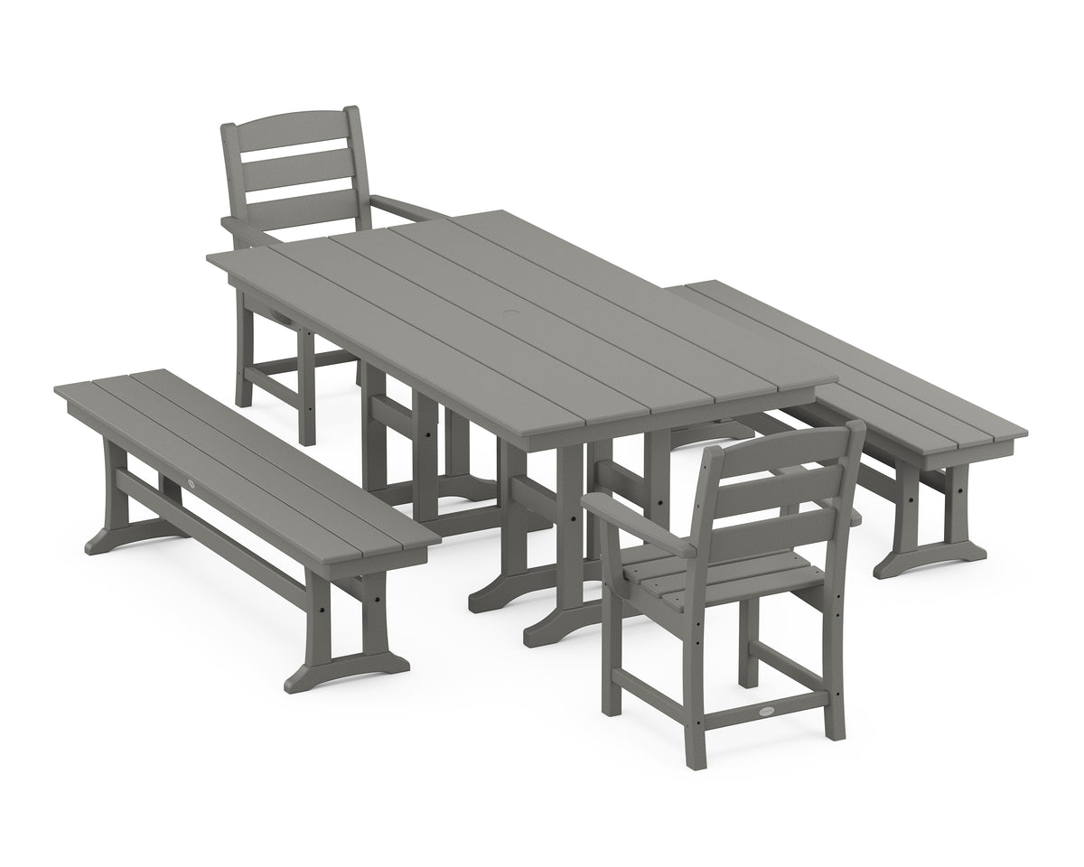POLYWOOD Lakeside 5-Piece Farmhouse Dining Set with Benches in Slate Grey