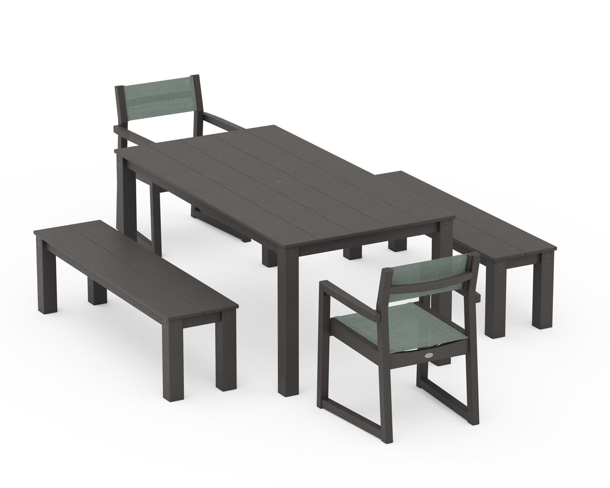 POLYWOOD EDGE Sling Arm Chair 5-Piece Parsons Dining Set with Benches in Vintage Coffee / Dupioni Sea Mist