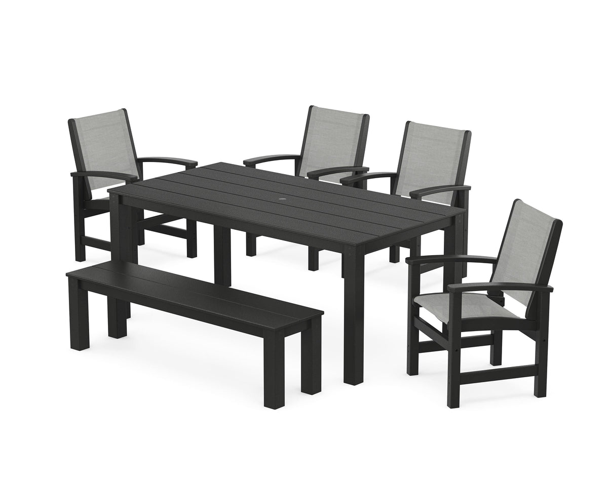 POLYWOOD Coastal 6-Piece Parsons Dining Set with Bench in Black / Metallic
