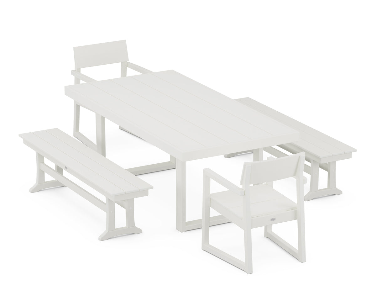 POLYWOOD EDGE 5-Piece Dining Set with Benches (EDGE 40" x 78" Table) in Vintage White