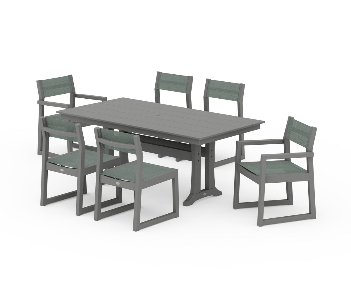 POLYWOOD EDGE Sling 7-Piece Farmhouse Trestle Dining Set in Slate Grey / Dupioni Sea Mist