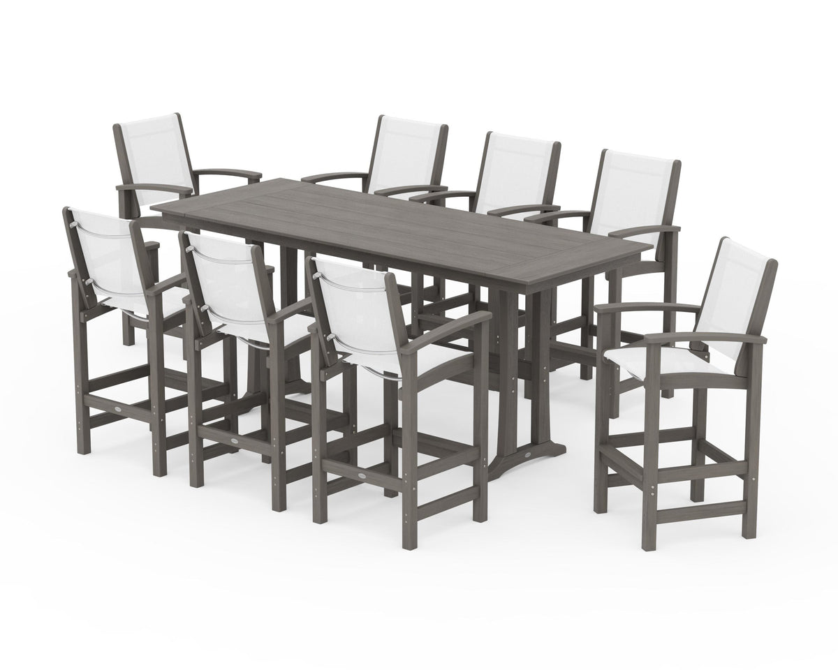 POLYWOOD Coastal 9-Piece Farmhouse Bar Set with Trestle Legs in Driftwood / White