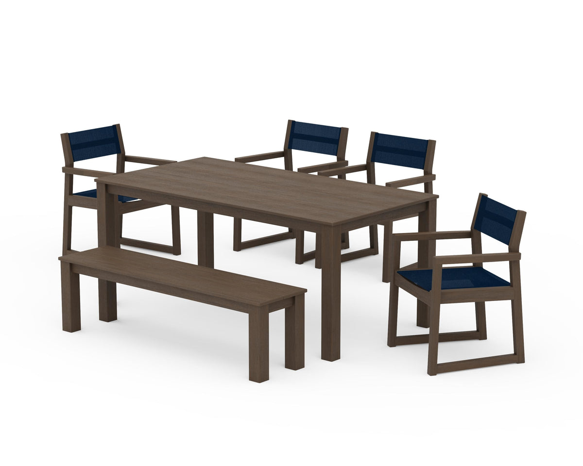 POLYWOOD EDGE Sling Arm Chair 6-Piece Parsons Dining Set with Bench in Kona / Navy Blue