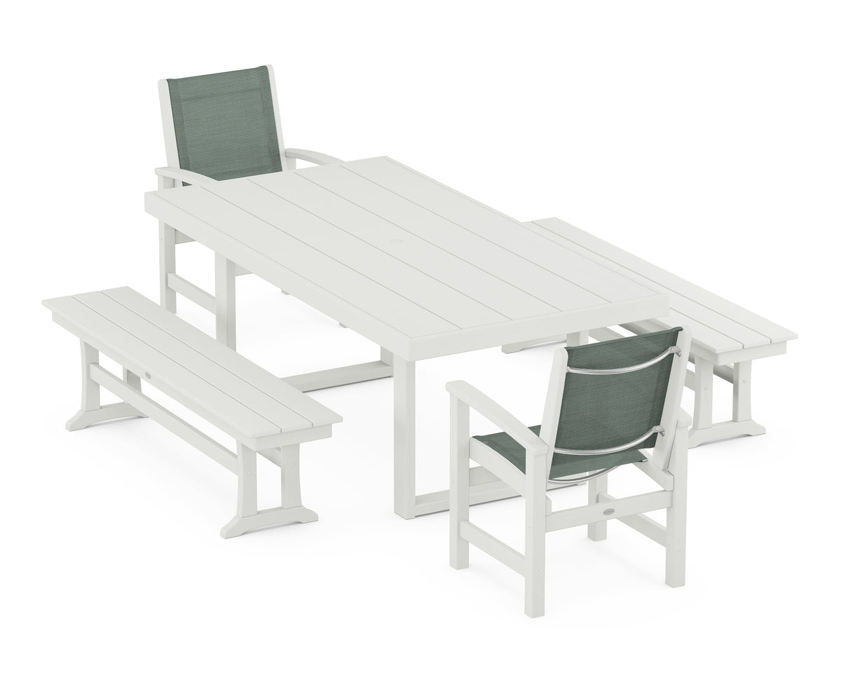 POLYWOOD Coastal 5-Piece Dining Set with Trestle Legs with EDGE 40" x 78" Dining Table in Vintage White / Dupioni Sea Mist