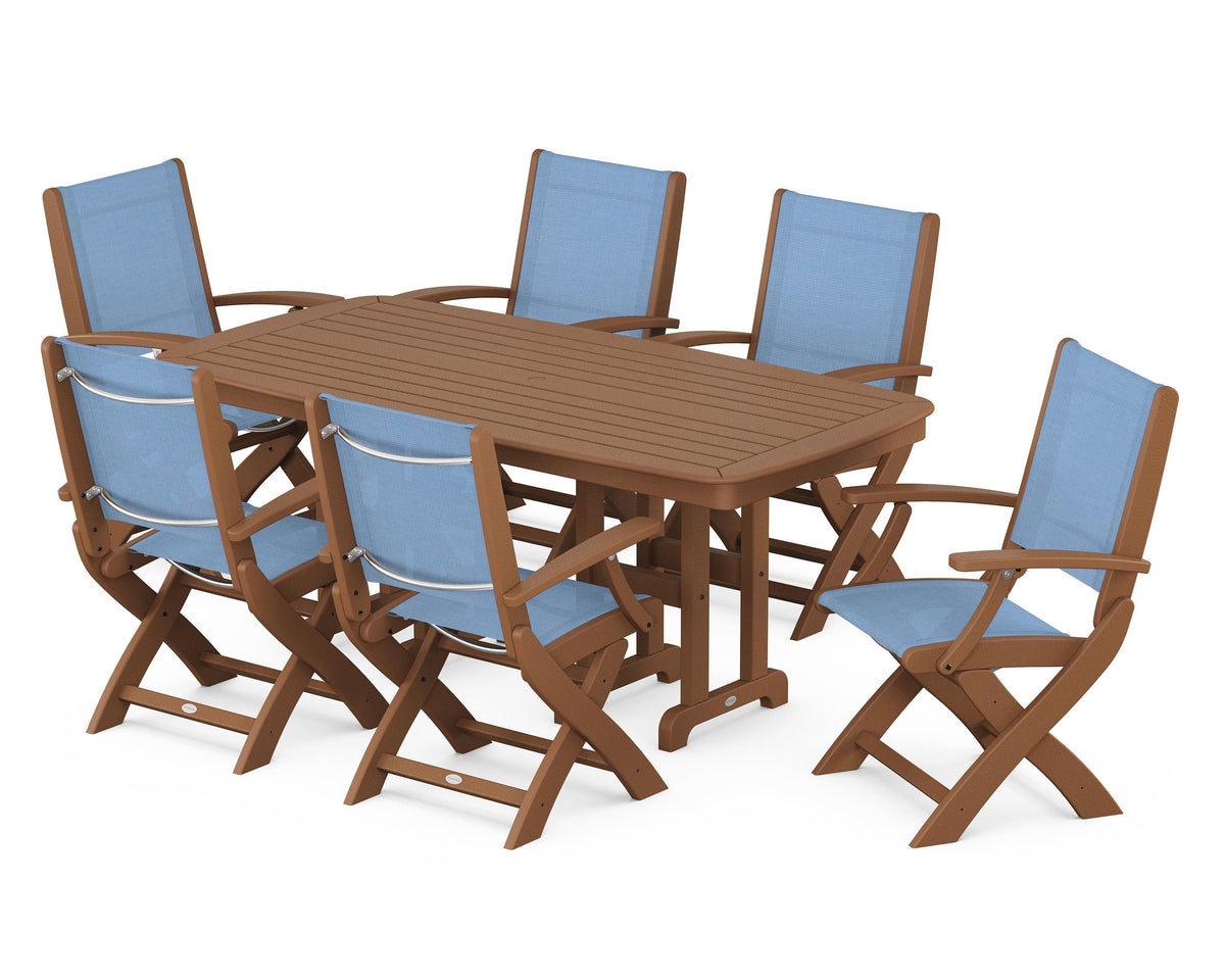 POLYWOOD Coastal Folding Arm Chair 7-Piece Dining Set in Teak / Poolside