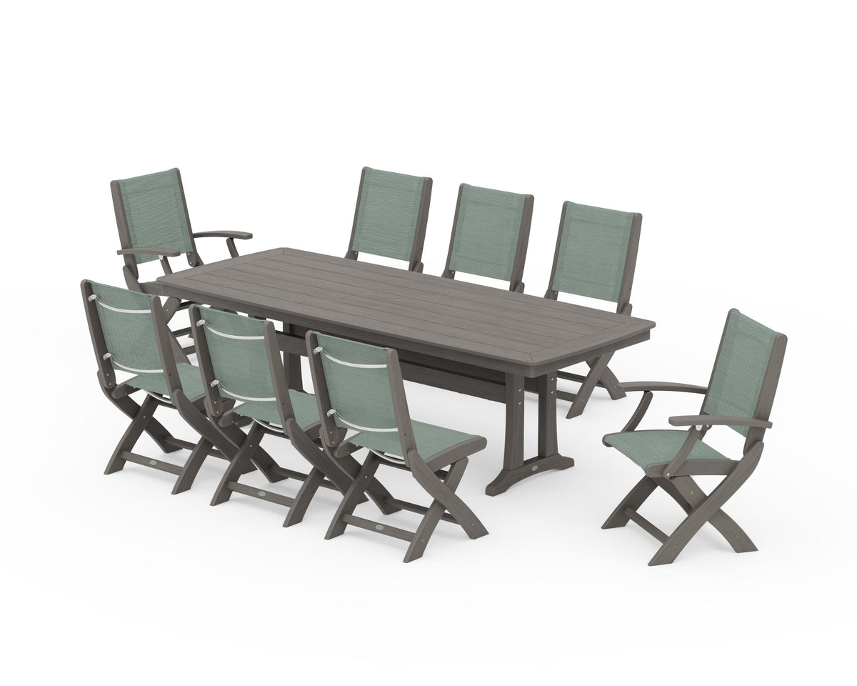 POLYWOOD Coastal Folding 9-Piece Dining Set with Trestle Legs in Driftwood / Dupioni Sea Mist