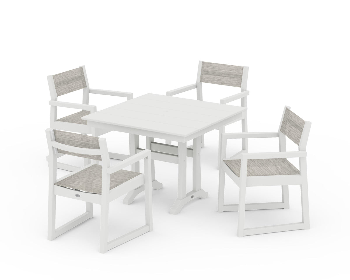 POLYWOOD EDGE Sling 5-Piece Farmhouse Dining Set with Trestle Legs in Vintage White / Birch