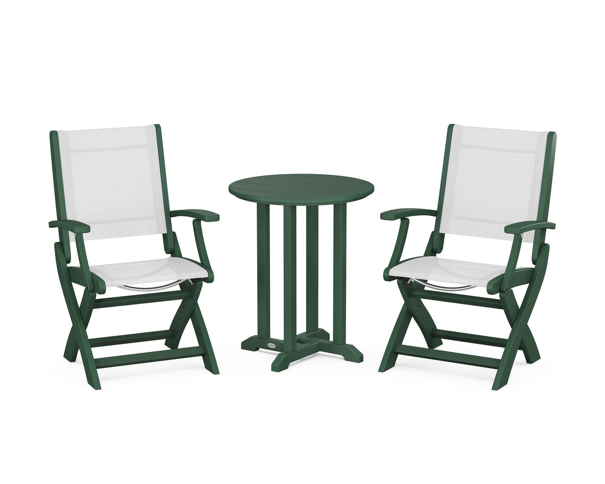 POLYWOOD Coastal Folding 3-Piece Round Bistro Dining Set in Green / White