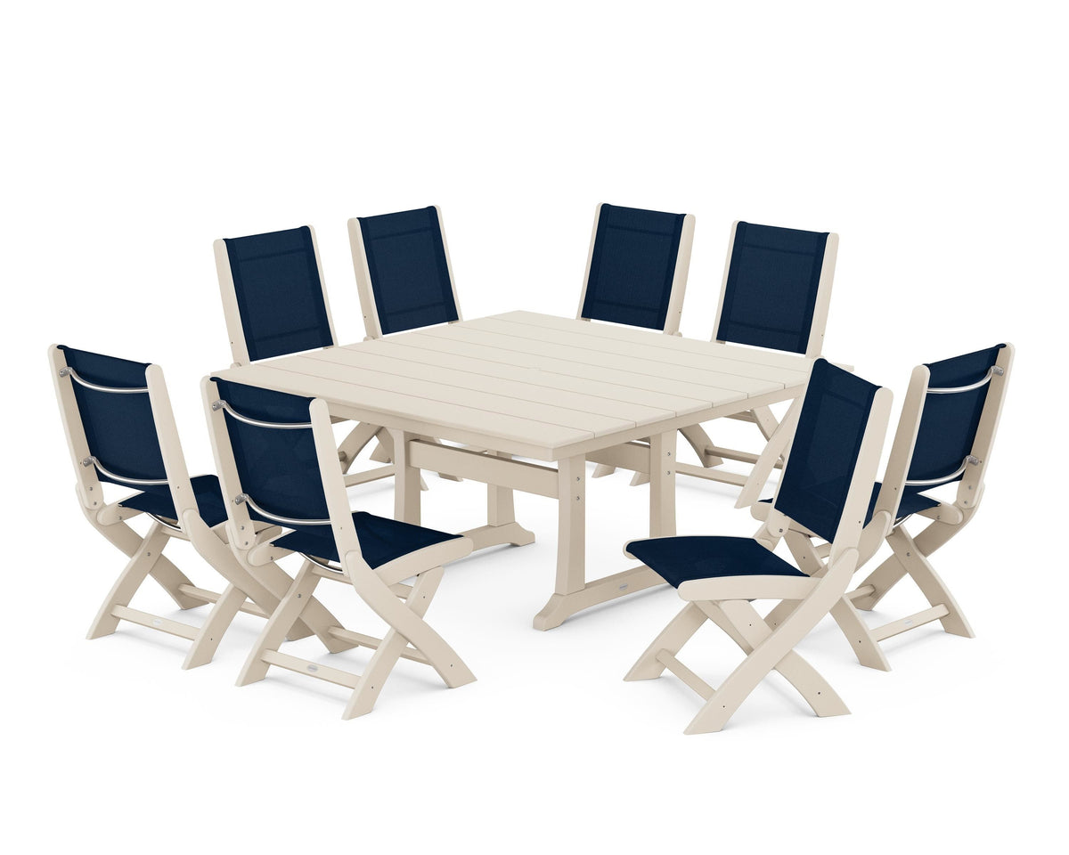POLYWOOD Coastal Folding Side Chair 9-Piece Farmhouse Dining Set in Sand / Navy Blue